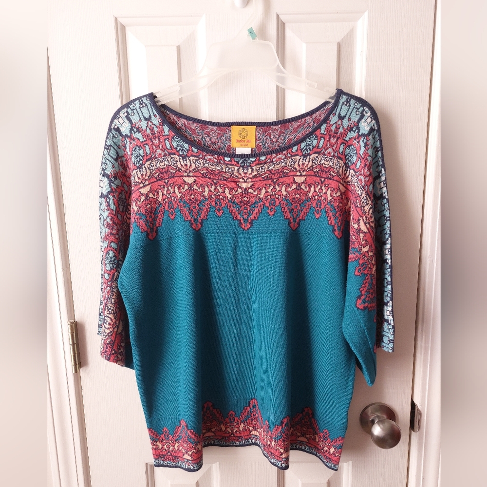 Ruby Rd. - Petite Sweater Blouse Blue & Red Geometric Tribal